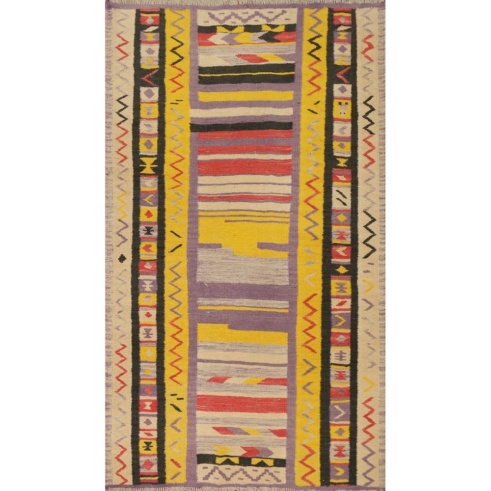 Hand Woven Oriental 100% Wool Carpet Southwestern Tribal Yellow & Gold Kilim Area Rug - 5' 0'' X 3' 3''