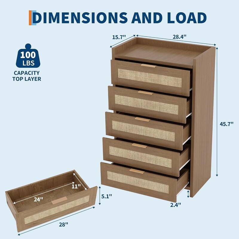 Boho 5 Drawer Dresser Storage Cabinet for Bedroom Living Room Hallway