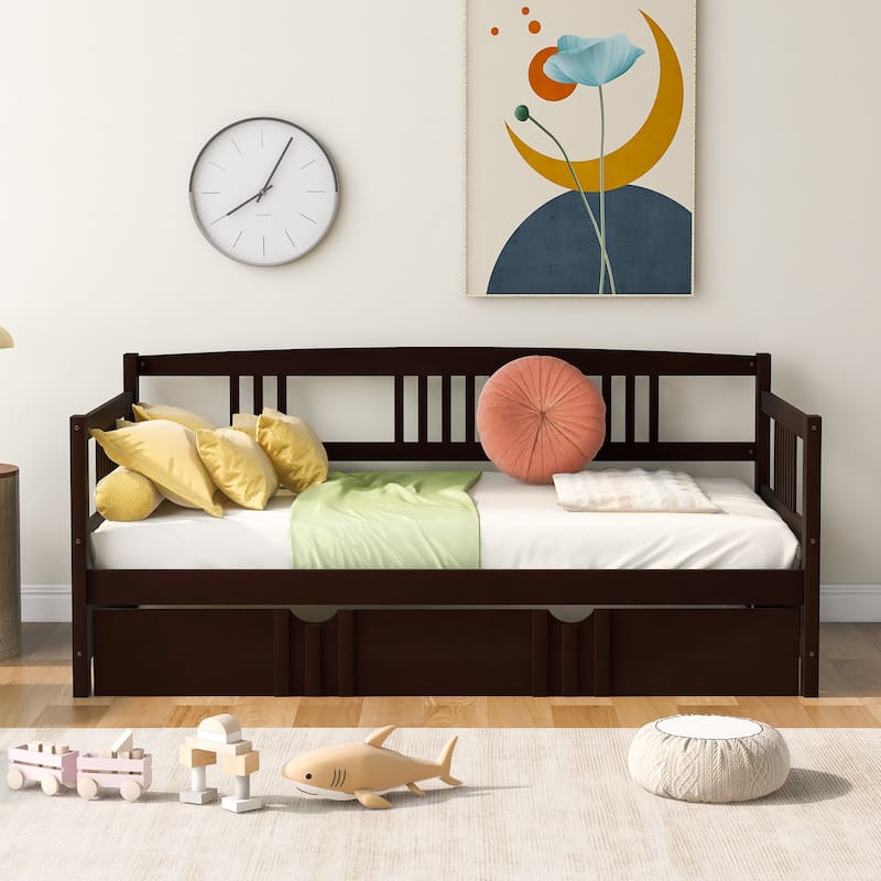 Multifunctional Twin Daybed with Trundle, Solid Wood Frame for Bedroom or Living Room - Espresso
