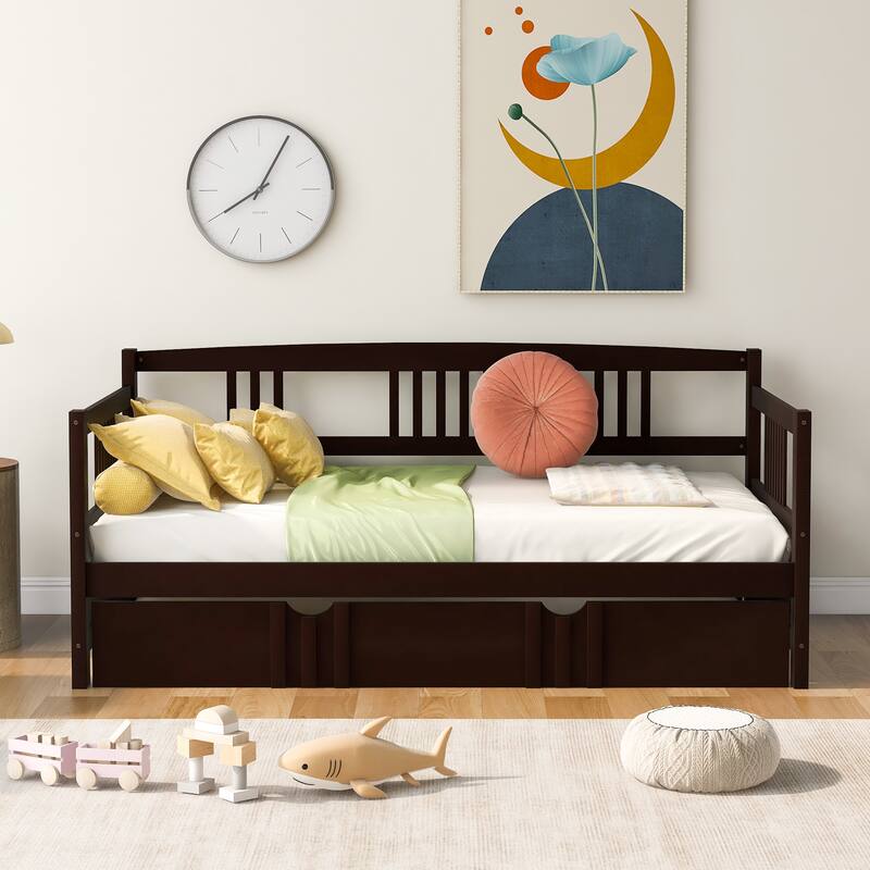 Twin Size Wood Daybed with Trundle, Espresso Finish, Space-Saving Design - Espresso