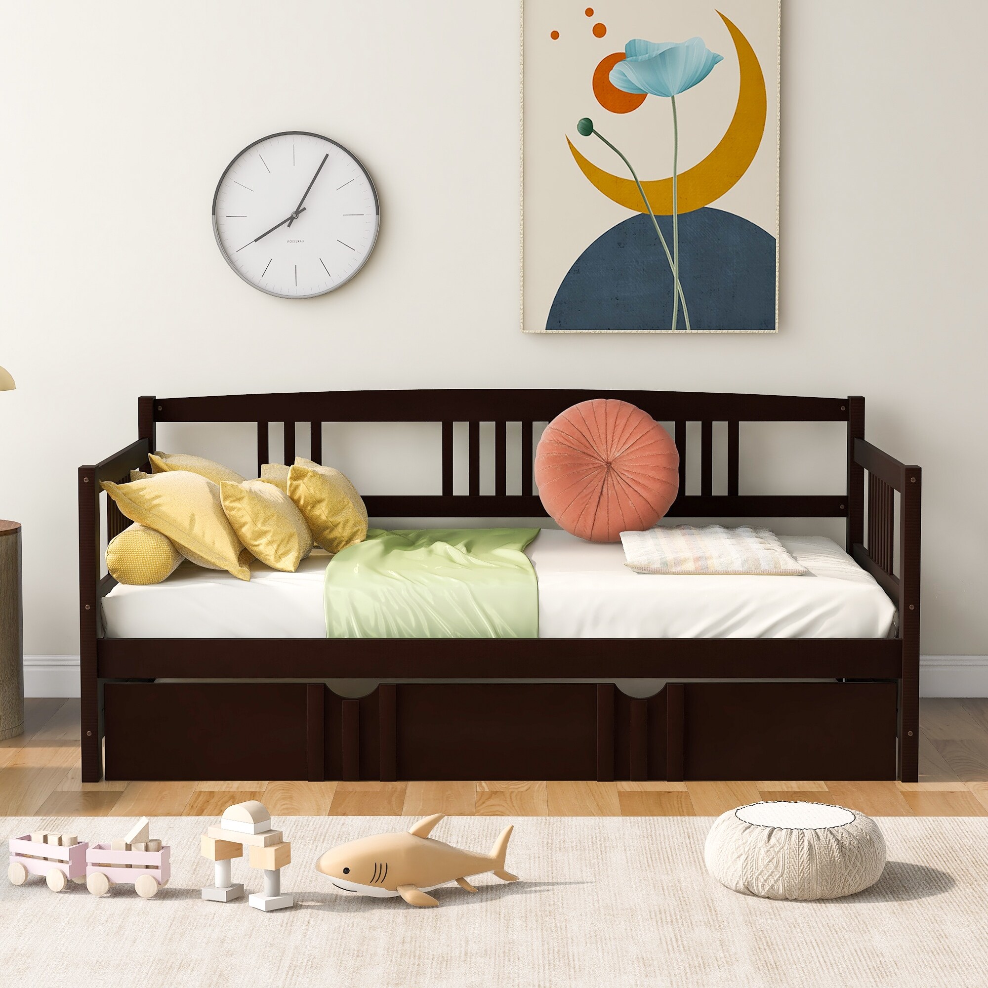 Twin Wooden Daybed with Twin Trundle Wood Slat Support for