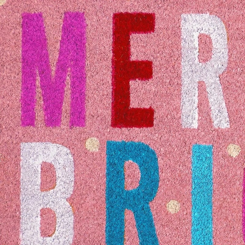 HomeRoots 17" X 29" Pink Blue And White Christmas Merry and Bright Outdoor Coir Door Mat - 17.00' X '29.00