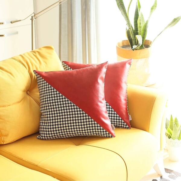 Set Of 4 Houndstooth Red Faux Leather Pillow Covers
