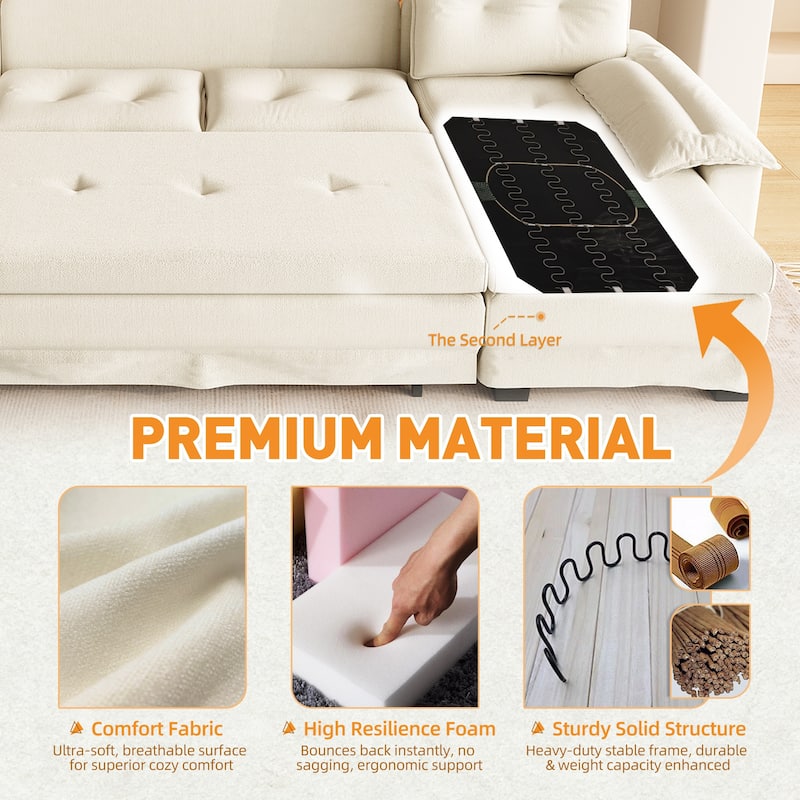 Homy Casa U Shaped Sleeper Sofa with Pull Out Bed USB Ports Convertible Sectional Couch with Chaise Lounge Beige Grey Orange