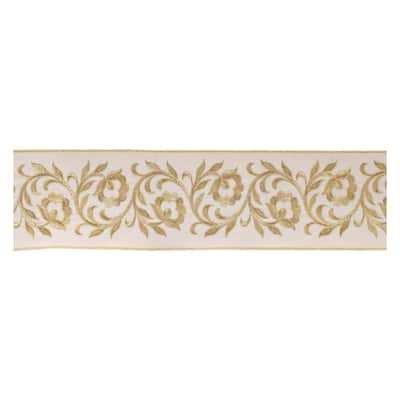 White Gold Embroidered Leaf Wired Ribbon 4 Inch x 5 Yards - 4" x 5 Yds.