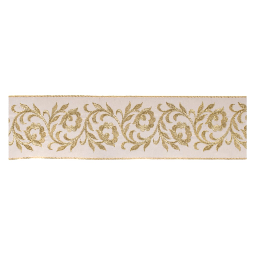 White Gold Embroidered Leaf Wired Ribbon 4 Inch x 5 Yards - 4" x 5 Yds.