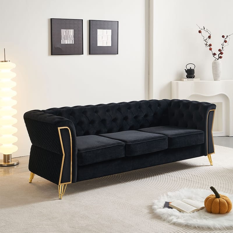 Mid-century Couch Velvet Upholstered Sofa with Button Tufted Backrest, Unique Armrest Design and Golden Metal Decor - Black