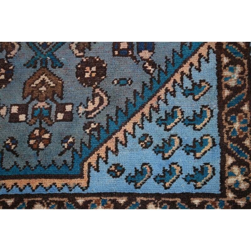 Blue Hamedan Persian Vintage Runner Rug Hand-Knotted Wool Carpet - 3'4" x 9'2"