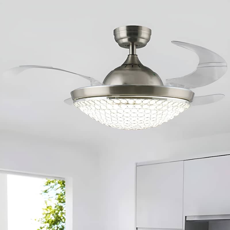 42'' Retractable Ceiling Fan with Light Crystal Shade - Chrome