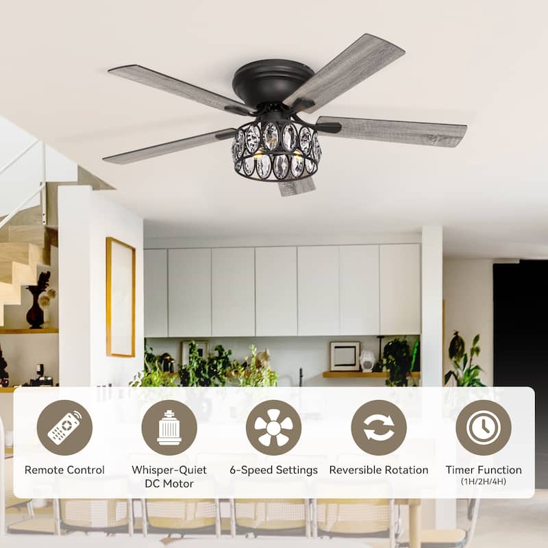 52" Flush Mount 5-Blade Modern Crystal Indoor Ceiling Fan with Light Kit and Remote