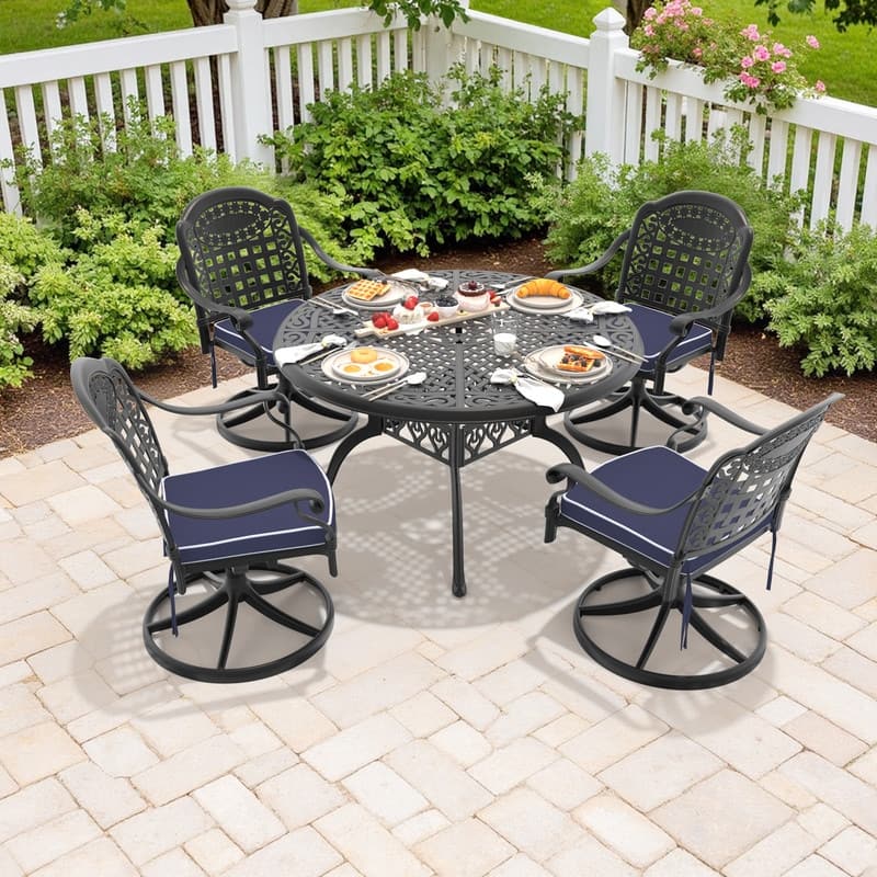 5-Piece Aluminum Round Outdoor Patio Dining Set, 4 Cushioned Swivel Chairs, Table, All-Weather Frames