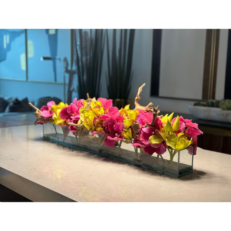 Casa Moderna Glass Planter With Pink Vandas And Green Cymbidiums