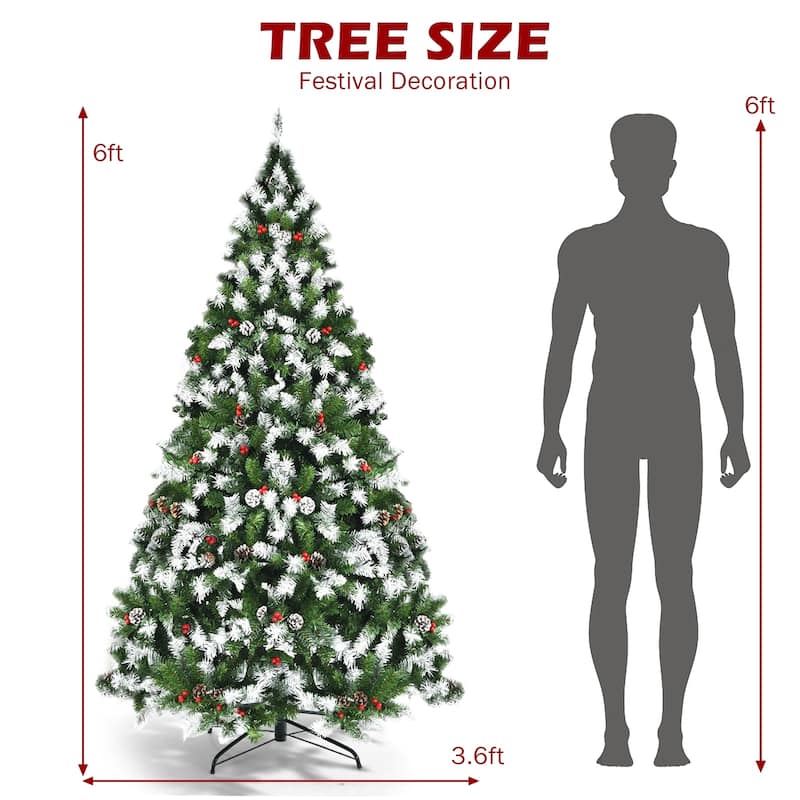 6 FT Pre-lit Snow Flocked Christmas Tree with Red Berries and 8 ...