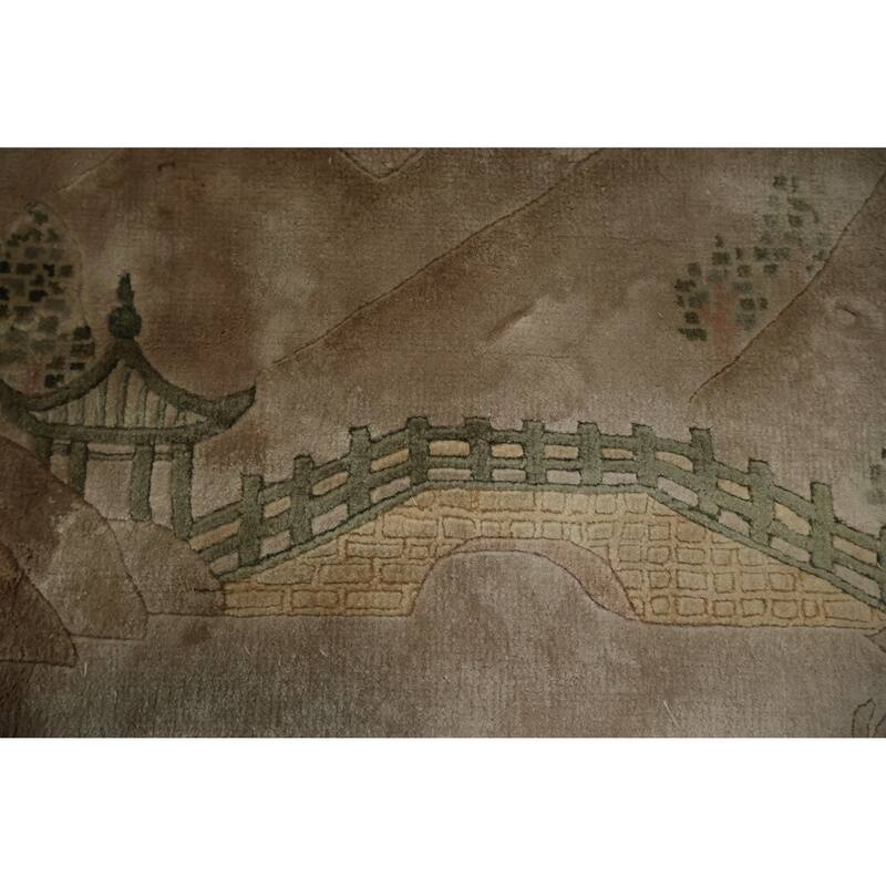 Hand Knotted Oriental Silk Carpet Traditional Pictorial Brown Art Deco Area Rug - 9' 2'' X 6' 0''