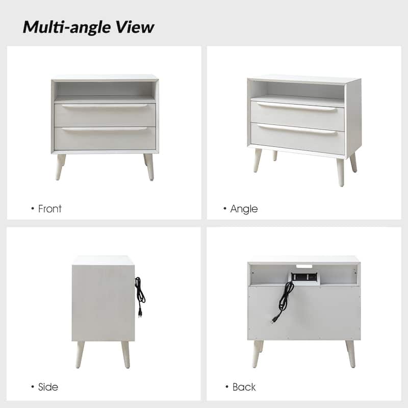 Kay Mid-century Modern 2 - Drawer End Table with Built-In Outlets and USB by HULALA HOME - White