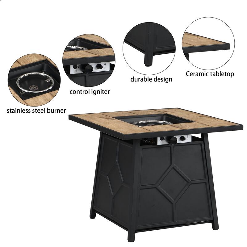 28" Square Fire Pit Table w/ Waterproof Cover - 40K BTU Auto-Ignition