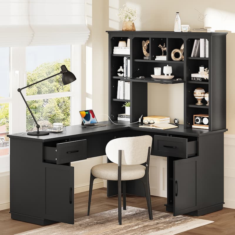 Roomfitters L-Shaped Computer Desk with Hutch, 2 Cabinets, 2 Drawers and 11 Open Shelves, with Power Outlet