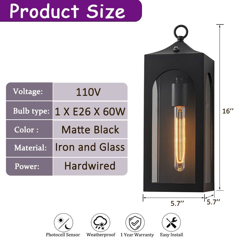 CraftHome Unique/Statement Dusk to Dawn Outdoor Wall Light with Clear Glass Farmhouse Black Exterior Wall Sconce