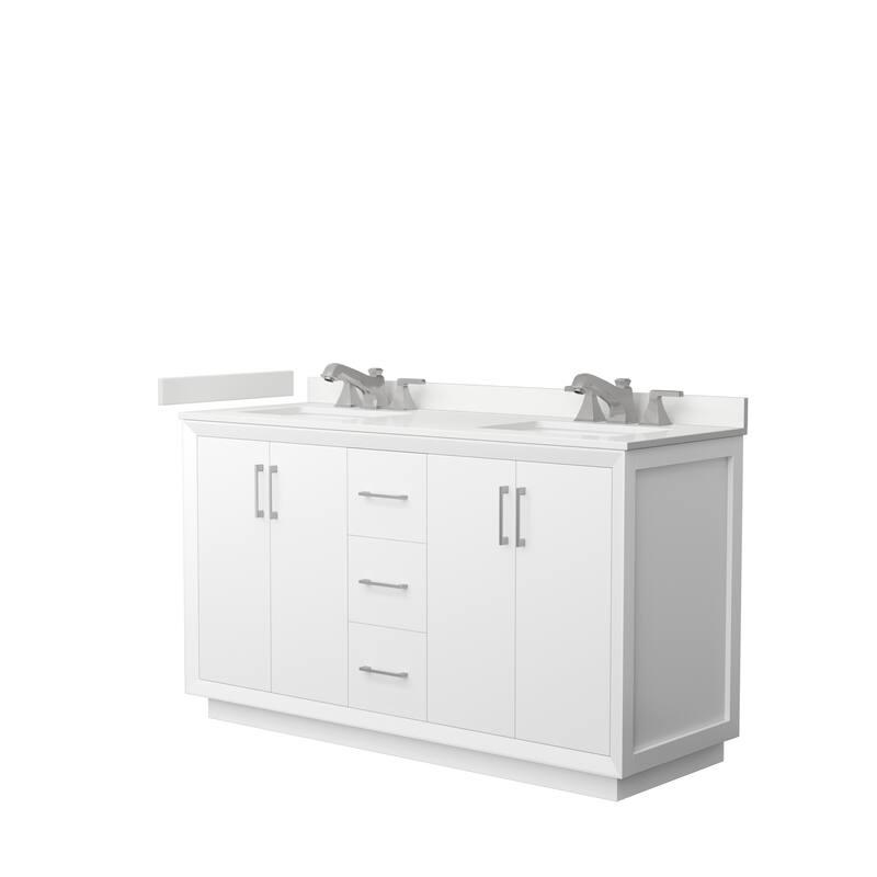 Strada 60-inch Double Vanity, Quartz Top - White, Nickel Trim, White Quartz Top