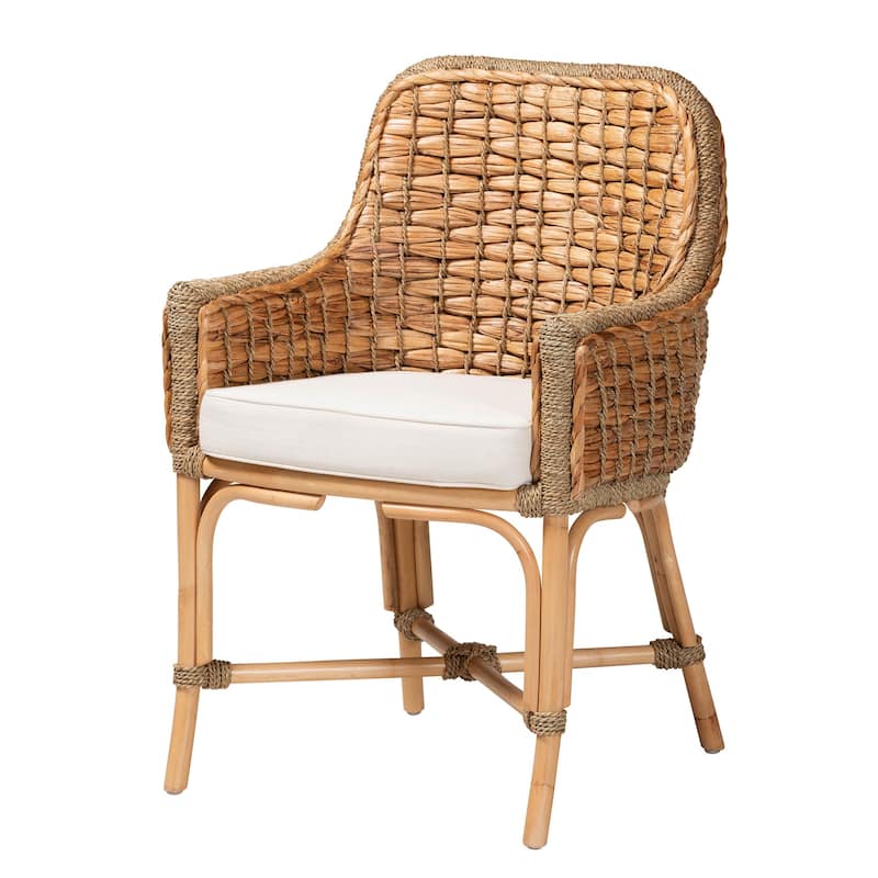 Kyle Bohemian Natural Brown Woven Rattan Dining Arm Chair with Cushion - White, Natural Brown