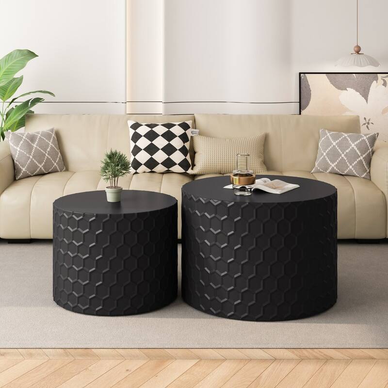 Stylish and Minimalist Nesting Coffee Table Set with Honeycomb Design, Modern Round Coffee Table, Drum Circle Coffee Table