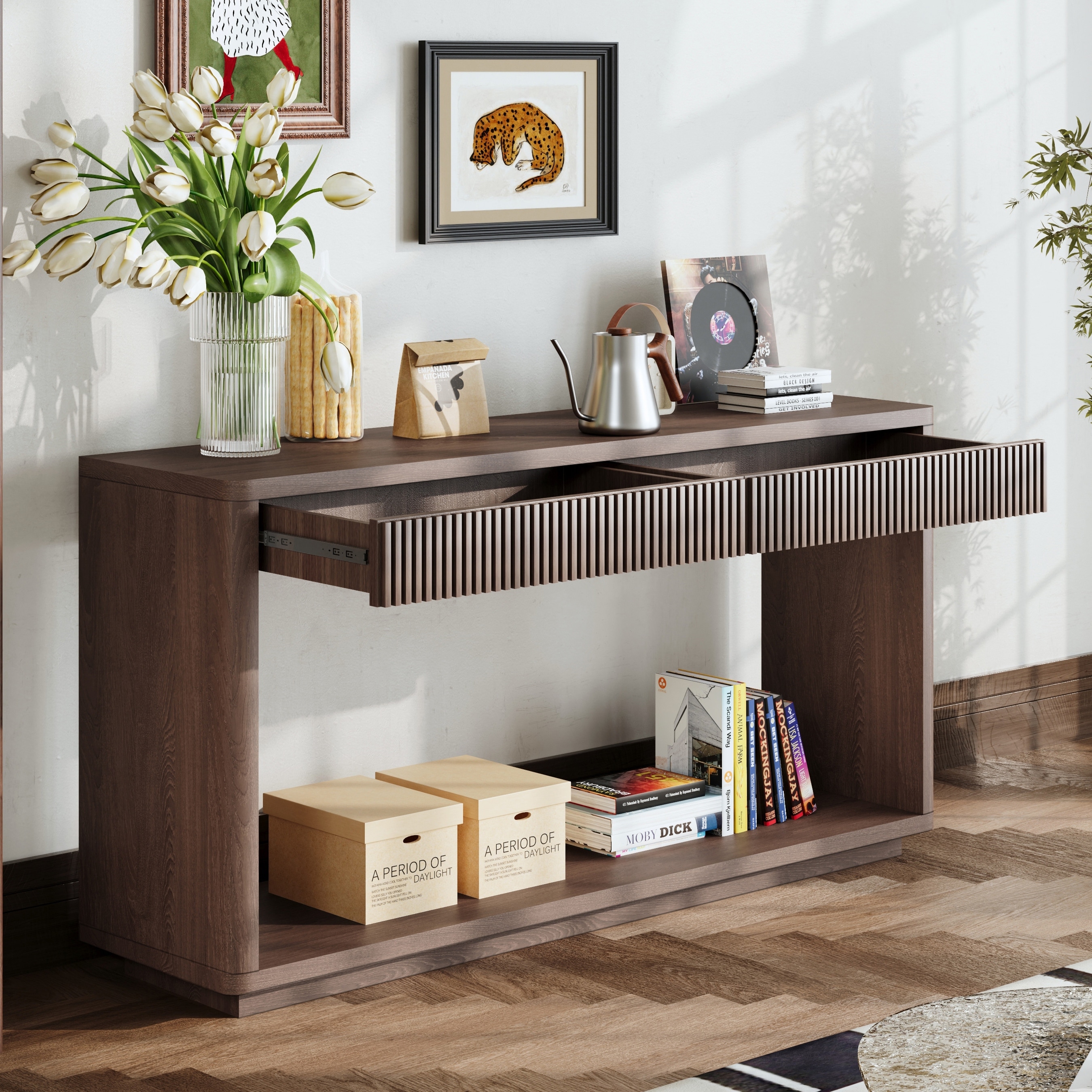 60" Modern 2-Drawer Fluted Console Table Wood Veneer Sofa Table Behind Couch Table