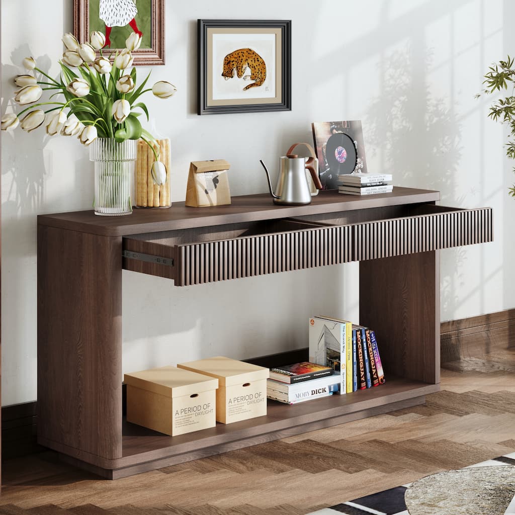 Modern 2-Drawer Fluted Console Table, Sofa Table, for Living Rooms, Hallways, Entryways and Home Offices, Walnut