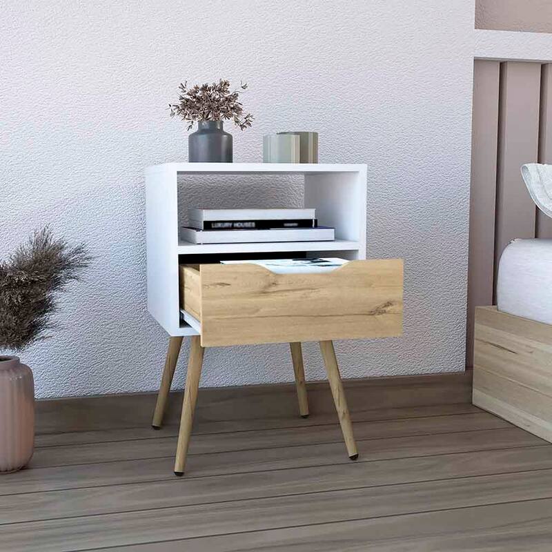 25inch White and Light Oak Nightstand with One Drawer and Open Shelf