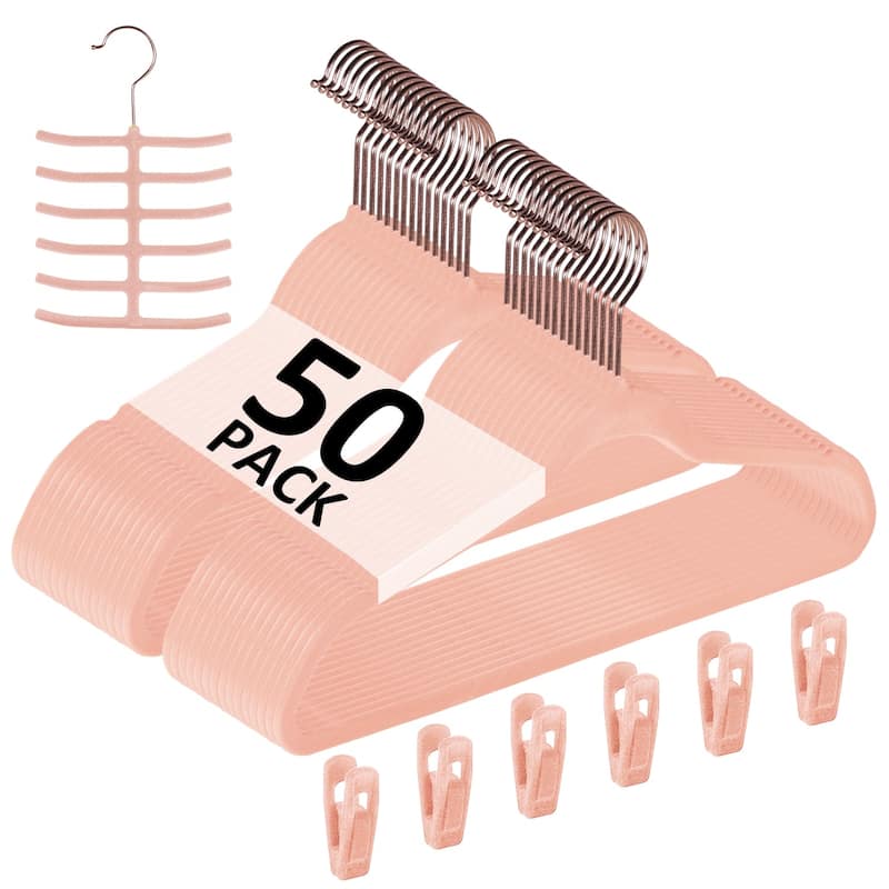 Javlergo 50/100 Pack Velvet Hangers, Heavy Duty Non Slip & Space-Saving Cloth Hangers with 6 Finger Clips & Tie Rack