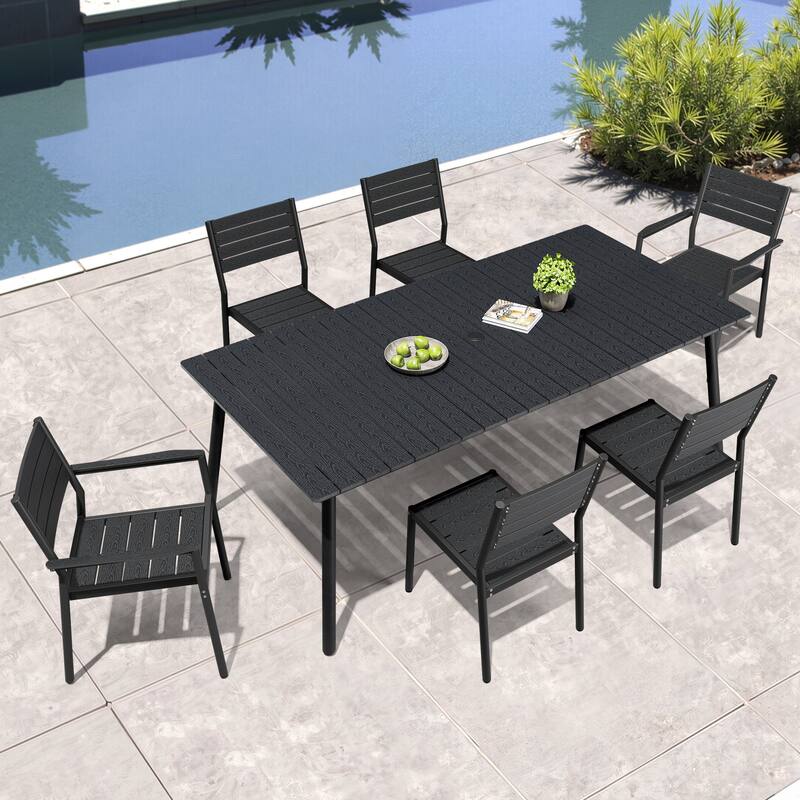Outdoor Patio Dining Set 7/9 Piece Furniture Set Aluminum Dining Table with Umbrella and Stackable Chairs - Black - Set of 7 - 82.48 inches