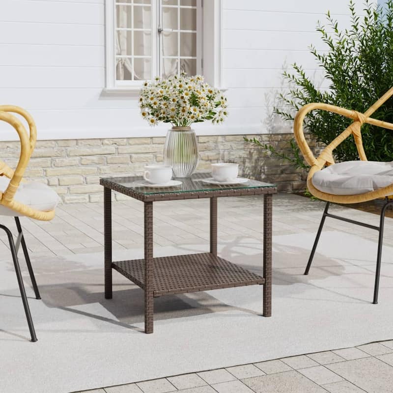 vidaXL Side Table Black/Brown 17.7"x17.7"x17.7" Poly Rattan and Tempered Glass - 17.7" x 17.7" x 17.7" - Brown