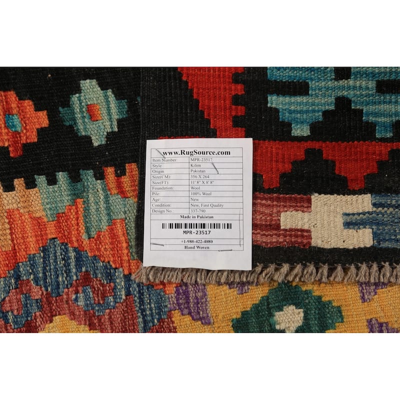 Geometric Kilim Area Rug Hand-Woven Wool Carpet - 8'8"x 11'8"