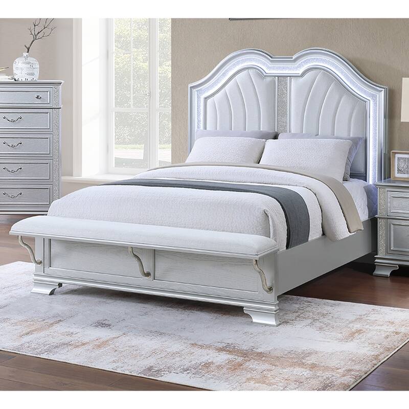 Cotemporary Elegant Queen Size Bed w Built-in Footboard Bench Upholstered HB USB 1pc Bed Gray Finish