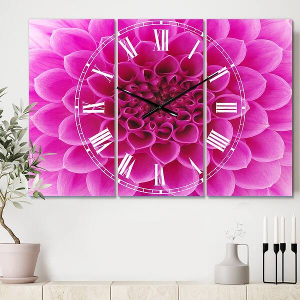 slide 2 of 6, Designart 'Large Pink Flower and Petals' Cottage 3 Panels Oversized Wall CLock - 36 in. wide x 28 in. high - 3 panels