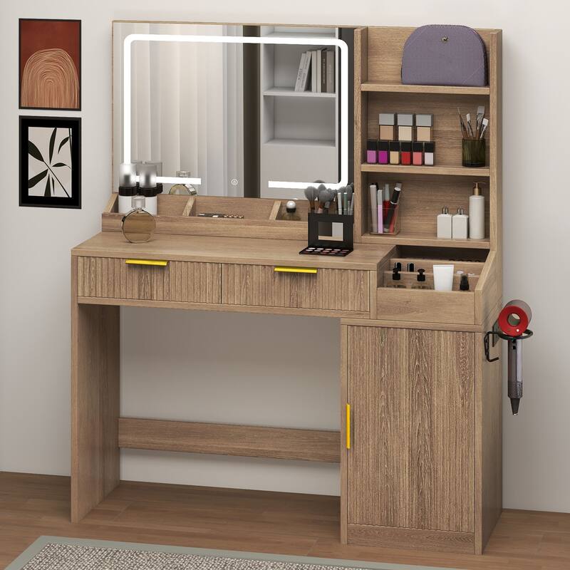 Moasis Makeup Vanity Desk with Power Outlet and 2 Drawers&3 Color Lighting Modes - Oak