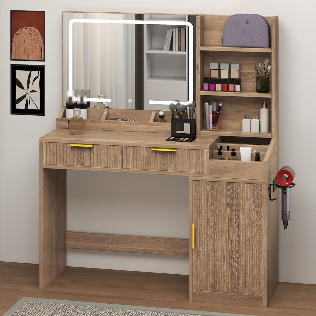 Moasis Makeup Vanity Desk with Power Outlet and 2 Drawers&3 Color Lighting Modes