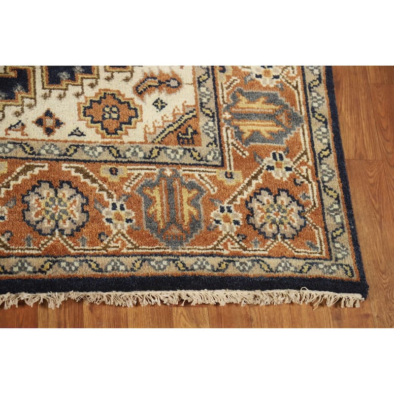 Geometric Navy Blue Viss Indian Area Rug Handmade Wool Carpet - 5'10" x 8'10"