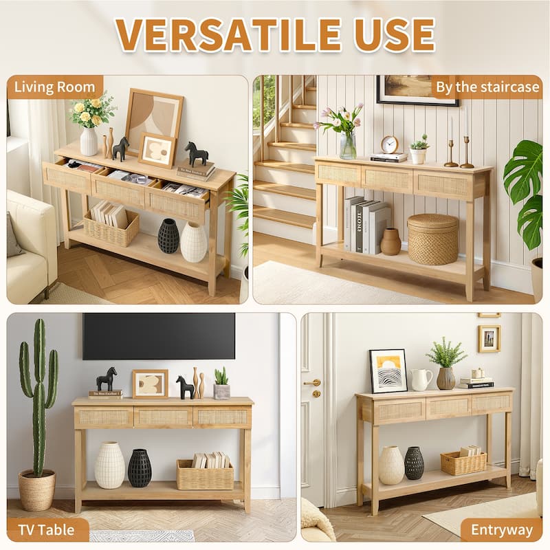 Natural Wood MDF Rattan Inspired Console Table with 3 Drawers and Shelf - 51.2 x 11.8 x 32 in
