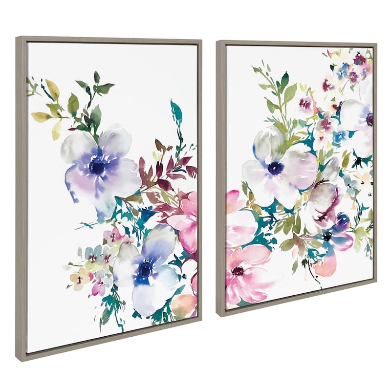 Kate and Laurel Sylvie Ink Wash Floral Framed Canvas by Emma Daisy - 2 Piece 23x33 - Plastic - Grey