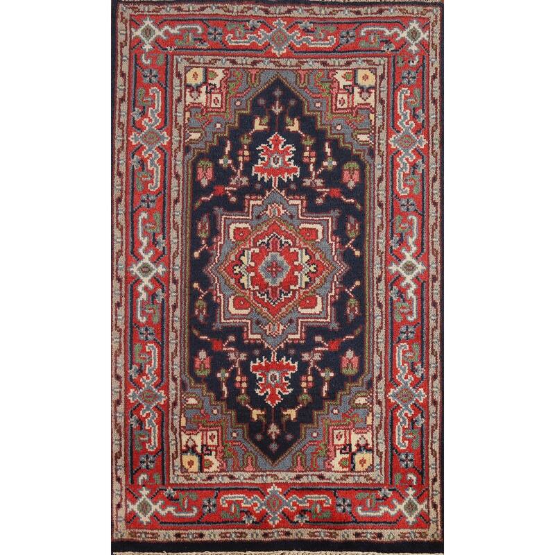 Hand Knotted Oriental 100% Wool Carpet Traditional Medallion Navy Blue & Blues Heriz (serapi) Area Rug - 4' 10'' X 3' 0''