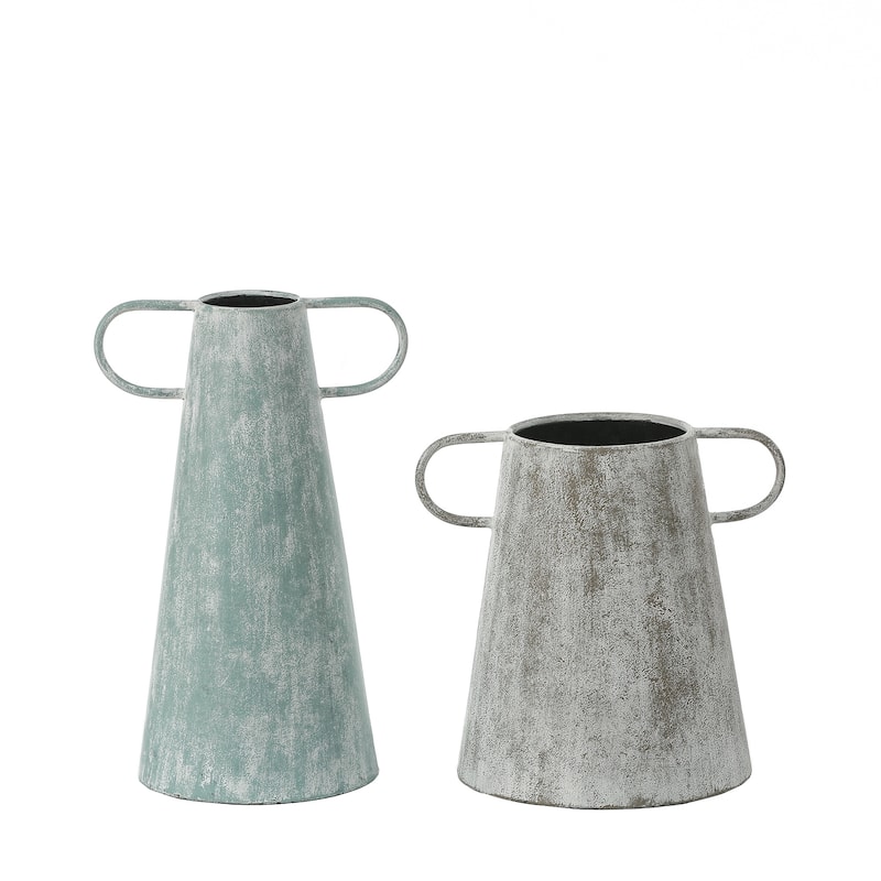 Farmhouse Blue and Grey Metal Vases (Set of 2)