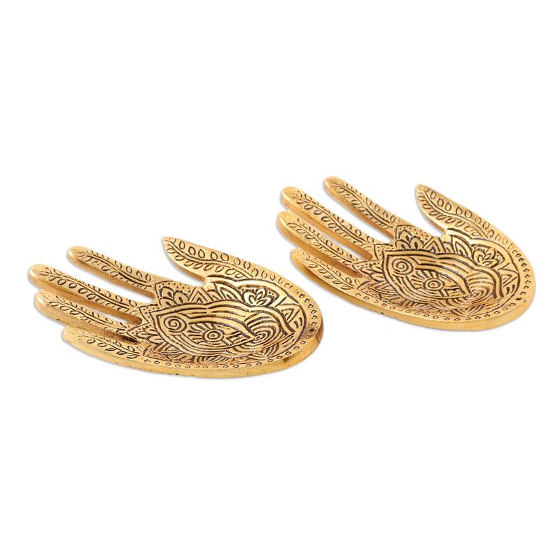 Novica Handmade Golden Hamsa Aluminum Incense Holders (Pair)