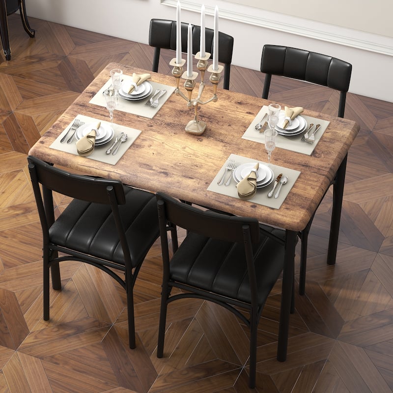 Rectangular Dining Table Set for 4 with Upholstered Chairs - Brown