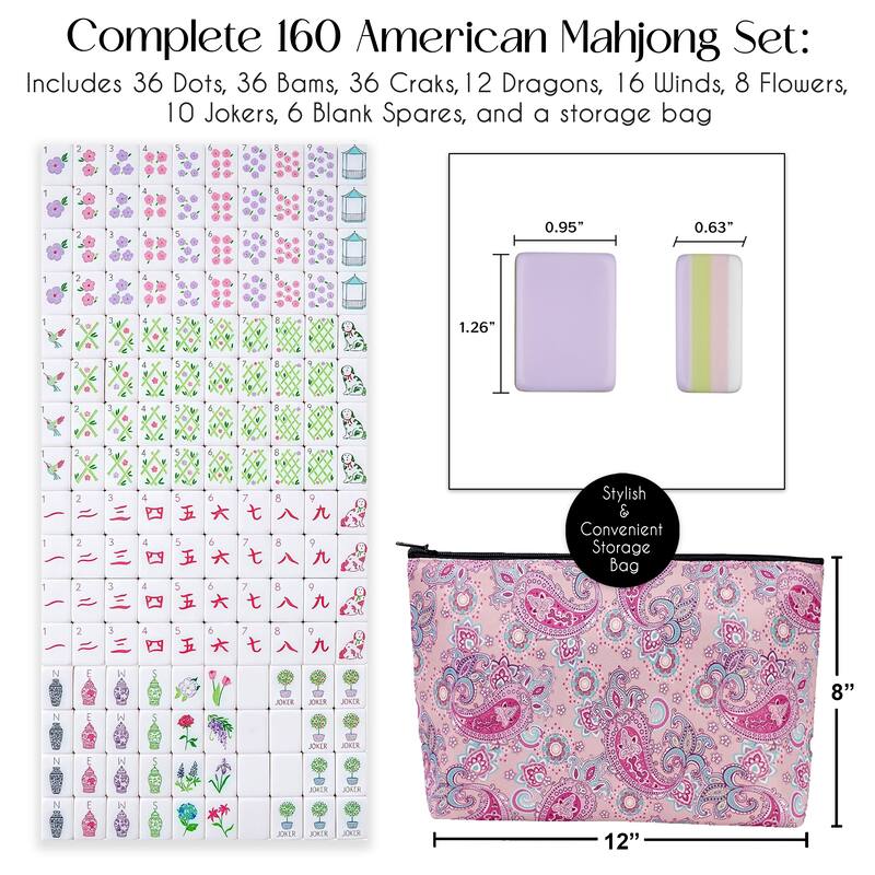 Sweet Jojo Designs American Mahjong Tile Set (160pc) 1.25in. Layered Acrylic with Paisley Travel Bag Cute Luxury Lavender Purple