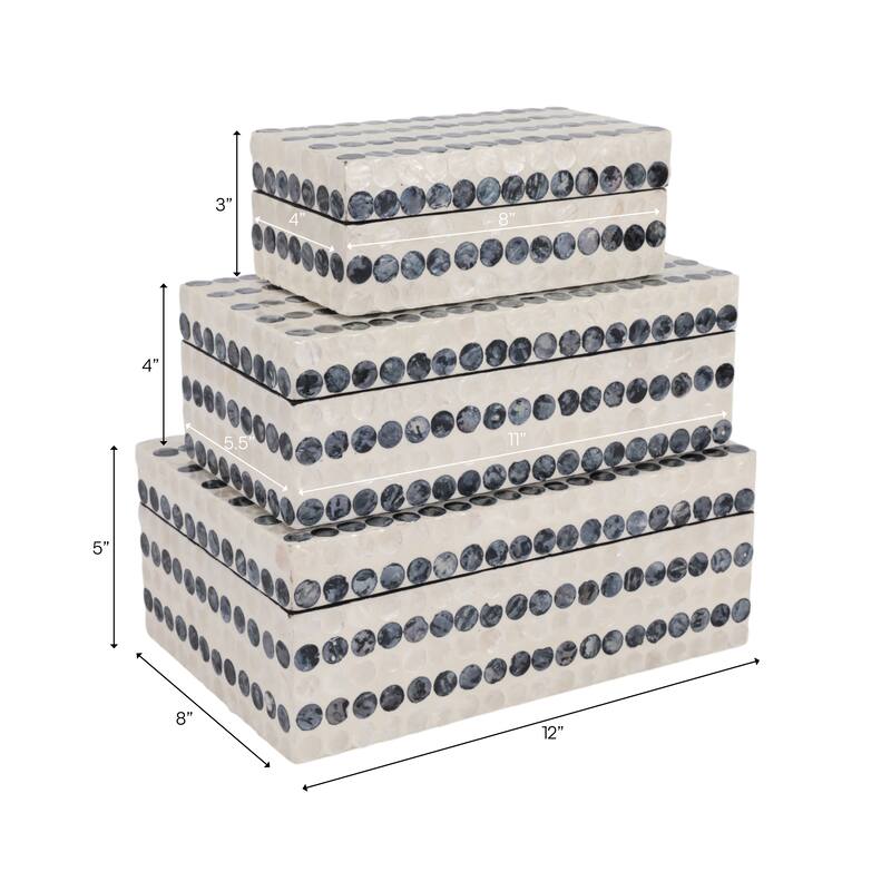 Dotted Decorative Box with Lid - Set of 3, 8", 11", 12", Ivory & Blue - 12.0"