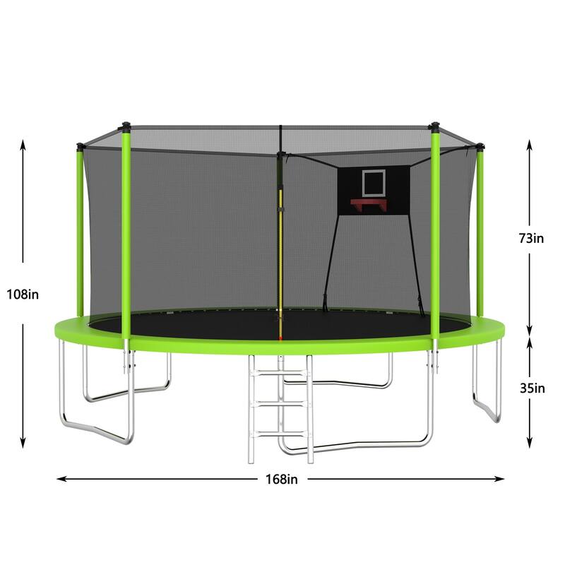 14FT Outdoor Trampoline with Safety Net and Ladder, Heavy Duty Fitness Trampoline for Kids and Adults - Green - 14FT