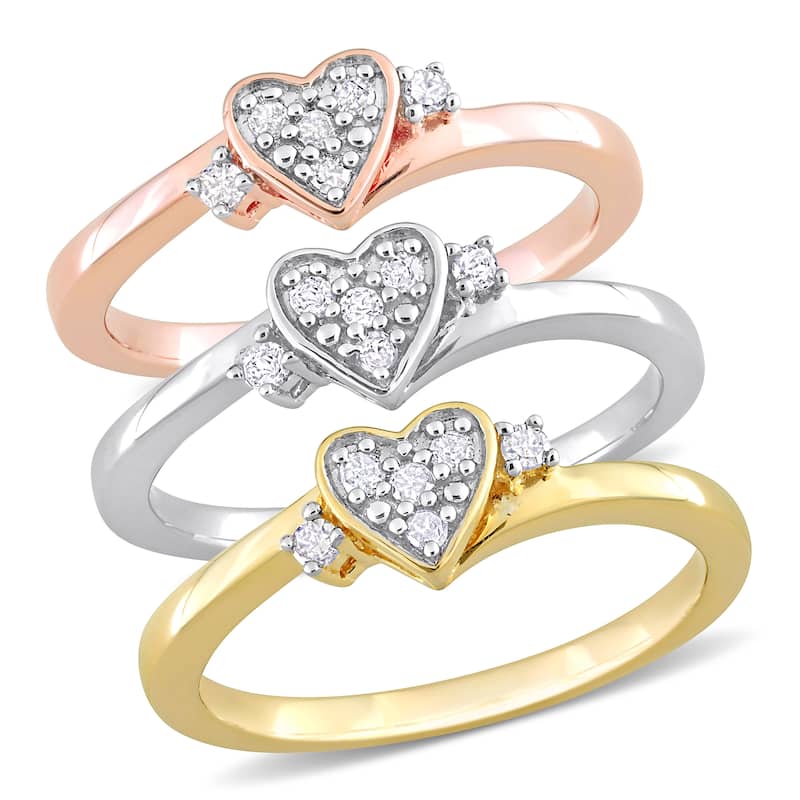 Miadora 1/3ct TW Diamond Heart Rings 3-Piece Set Yellow Rose Sterling Silver
