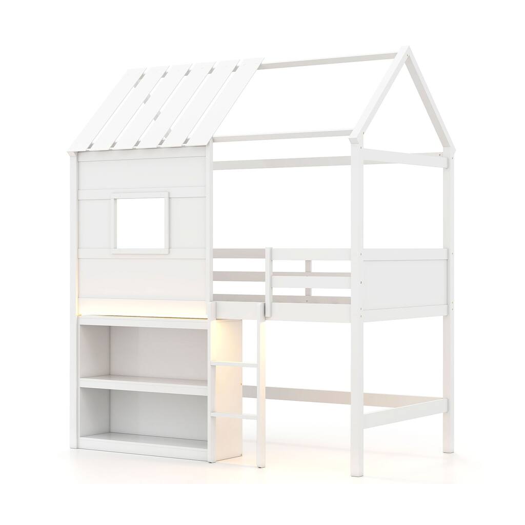 White Twin Size Loft Bed with LED Light House Design Bookshelf and Under Bed Play Space Pine Wood Frame for Kids