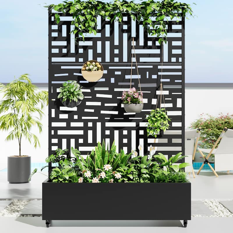 Metal Movable Planter Box with Trellis Privacy Screen Planter Box with Lockable Wheels - Black