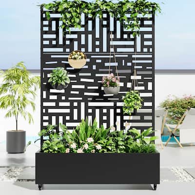 Metal Movable Planter Box with Trellis Privacy Screen Planter Box with Lockable Wheels